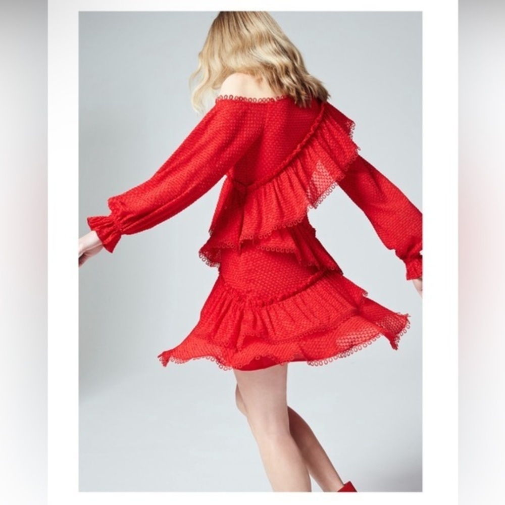 NEW Three Floor Couture Renee Women‎ Tomato Red Off Shoulder Eyelet Ruffle Dress